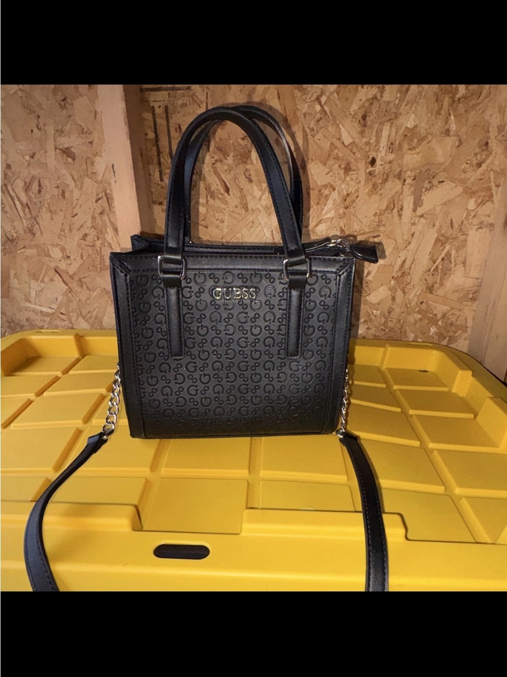 GUESS Black Logo-Embossed Satchel with Chain Strap